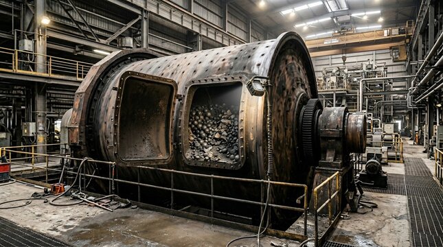 Large industrial ball mill machine in a mining processing plant.