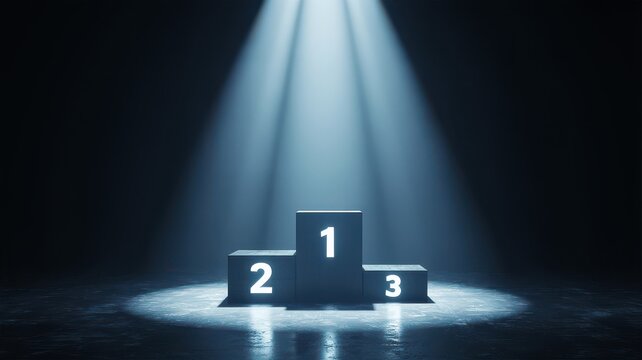 Winner's podium with numbers 1, 2, 3 under a dramatic spotlight