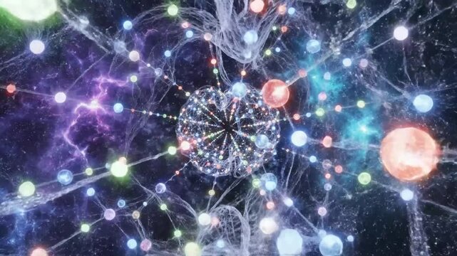 Brain connections with network of neurons and synapses among colorful glowing spheres across a cosmic nebula