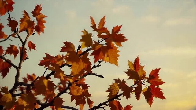 Countryside tree branches autumn leaves simple clean composition soft glowing sky cinematic ambience