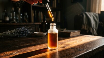 Obraz premium A hand meticulously adds golden botanical extract to a small glass bottle with a dropper, creating an artisanal blend on a rustic wooden surface, surrounded by natural ingredients and vintage tools