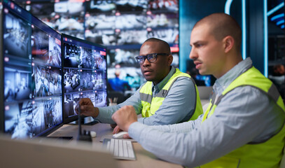 Fototapeta premium Two Security Guards Watch Surveillance Cameras Closely
