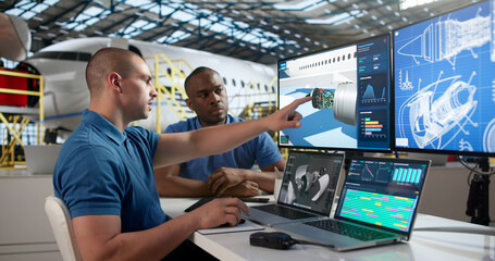 Technicians In Uniform Use Laptop Repairing Jet Engine Parts. © Andrey Popov