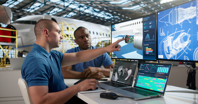 Technicians In Uniform Use Laptop Repairing Jet Engine Parts.