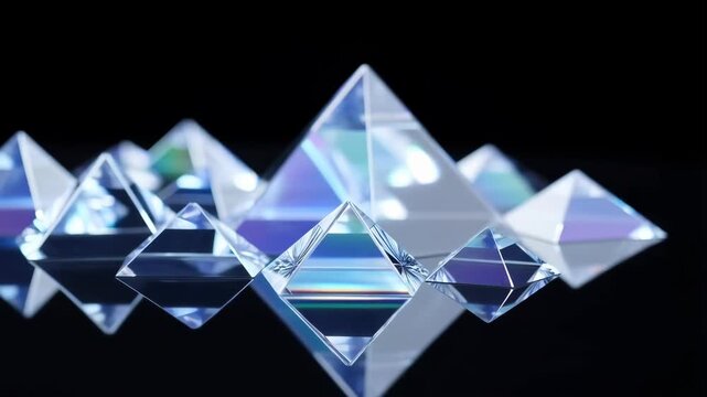 Crystal Prism with Refracting Rainbow Light Rays in Ultrarealistic 3d Render on Black Background Featuring Prismatic Glass, Optical Effects, Specular