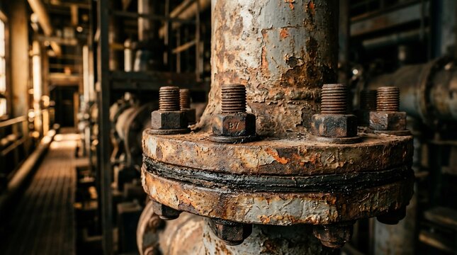 Old rusty metal pipe flange connection in industrial facility.