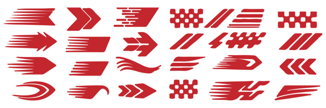 Collection of black and white racing stripes and checkered flag patterns for sports and speed branding with various geometric arrow shapes and linear divider