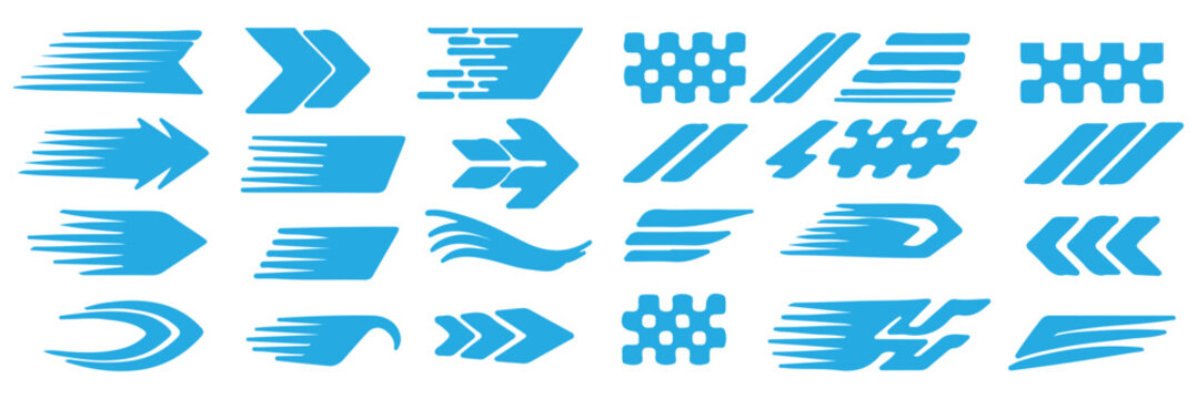 Collection of black and white racing stripes and checkered flag patterns for sports and speed branding with various geometric arrow shapes and linear divider