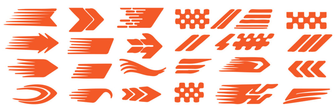 Collection of black and white racing stripes and checkered flag patterns for sports and speed branding with various geometric arrow shapes and linear divider