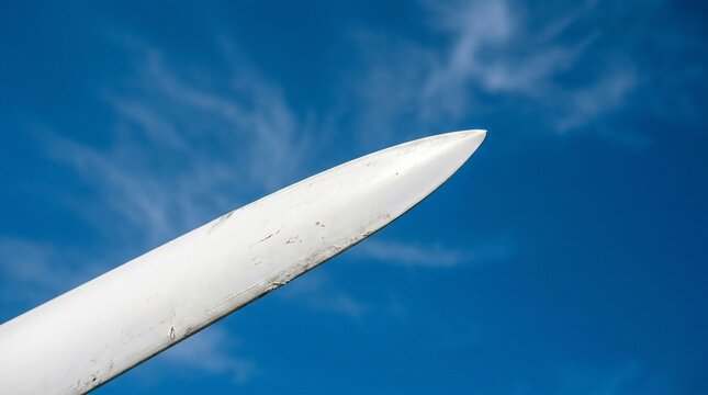 Sharp metal knife blade pointed towards the blue sky.