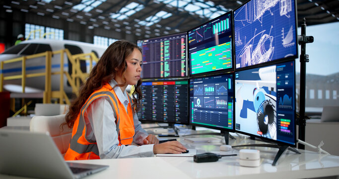 Woman Engineer Reviews Airplane Maintenance Systems