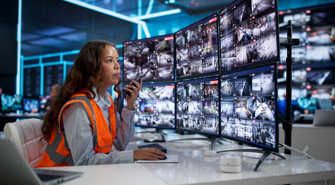 Young Security Guard Monitors Multiple CCTV Cameras