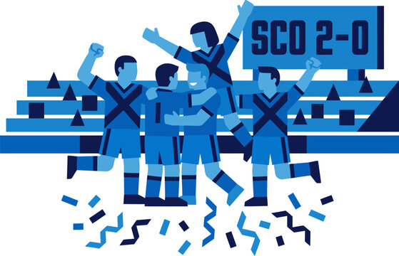 Blue silhouettes of soccer players celebrating with arms raised and confetti