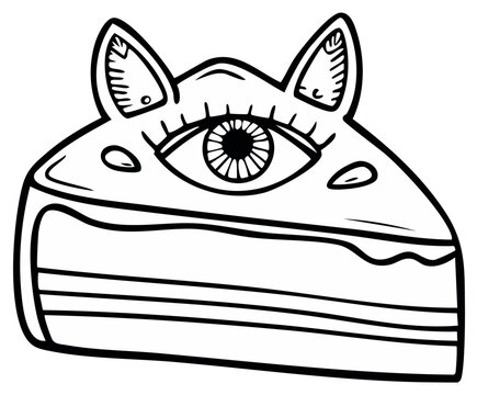 Eye-shaped cake slice with cat ears illustration.