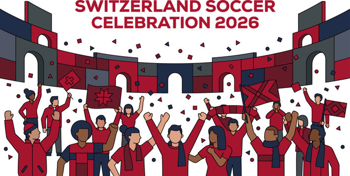 Diverse group of people celebrating Switzerland soccer victory with flags and confetti outside stadium