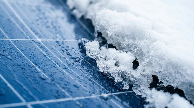 Solar panel covered with snow and ice during winter season.