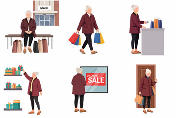 Fototapeta premium Senior Woman Shopping Illustration Set with Elderly Lady Holding Bags, Paying at Checkout, and Looking at Sale Signs