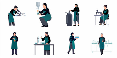 Fototapeta premium Flat vector illustration set of professional female scientists and lab technicians conducting research and experiments in a modern laboratory setting
