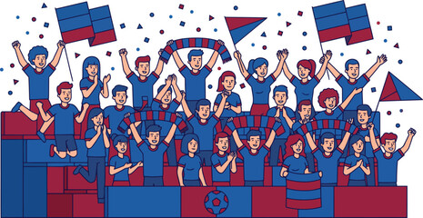 Obraz premium Group of people celebrating with flags and banners in blue and red colors together