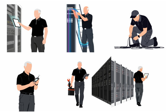 Set of IT technician character vector illustrations working in data center server room and performing network maintenance tasks