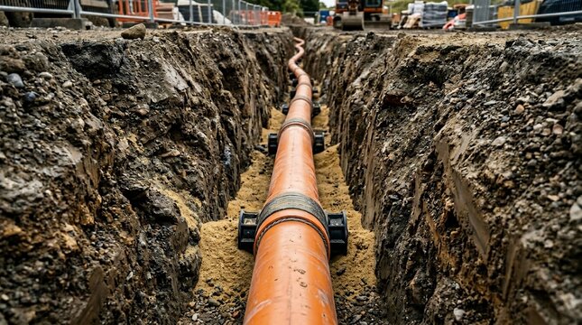 Underground pipe installation in a deep construction trench on a road site.
