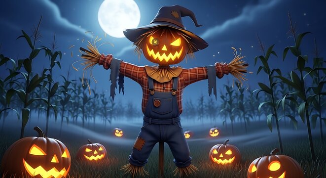 Halloween scarecrow with glowing jack o lantern head in cornfield