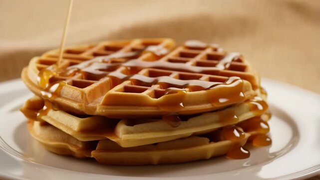 Waffles with Syrup Dripping on Top of a White Plate Featuring Breakfast, Food, Dessert with Sweet and Golden Elements for Crispy, Delicious Projects,