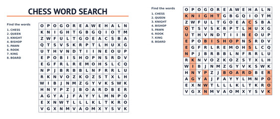 Chess vocabulary word search puzzle with solved answer sheet for education activity and board game enthusiasts © Arina