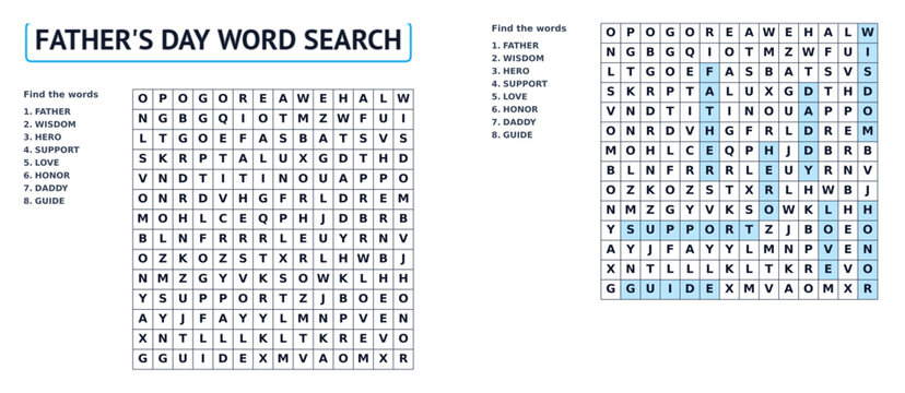 Father's Day word search puzzle with answer key for educational kids worksheet and family holiday activity book