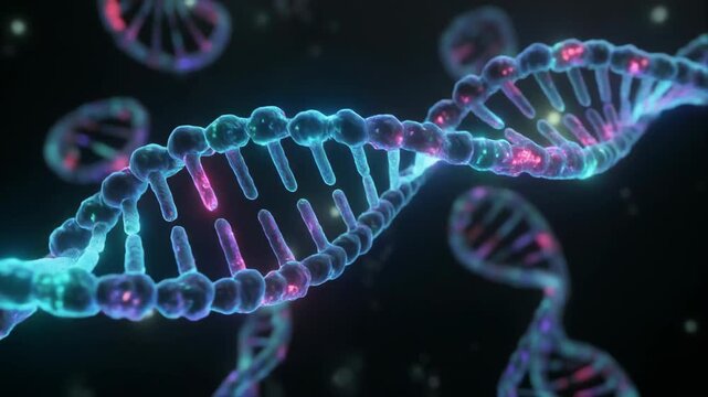 A glowing, spiraling DNA strand on dark backdrop