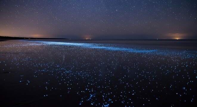 Bioluminescent Plankton Illuminates Ocean Under Starry Night Sky