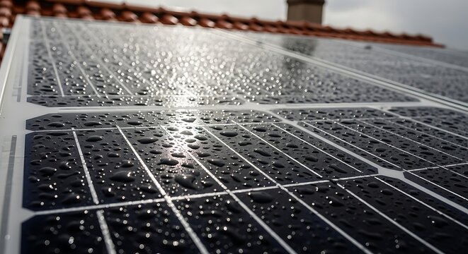Wet solar panels on a rooftop with glistening raindrops and sunlight