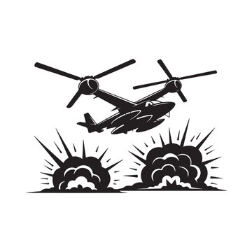 A black silhouette of a v 22 osprey flying above explosions