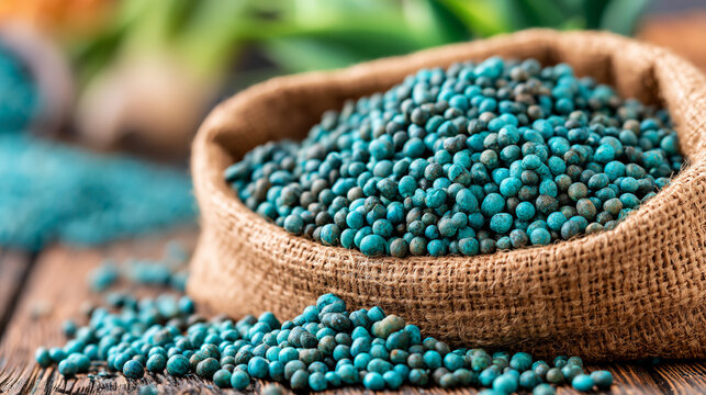Open Paper Sack Filled With Blue Granular Chemical Fertilizer For Agriculture
