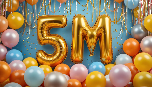 Gold 5M balloons with colorful balloons and confetti Celebration, party, anniversary, milestone