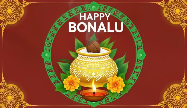 Happy Bonalu Festival Greeting Vector Animation with Traditional Pot, Diya, and Decorative Mandala Background