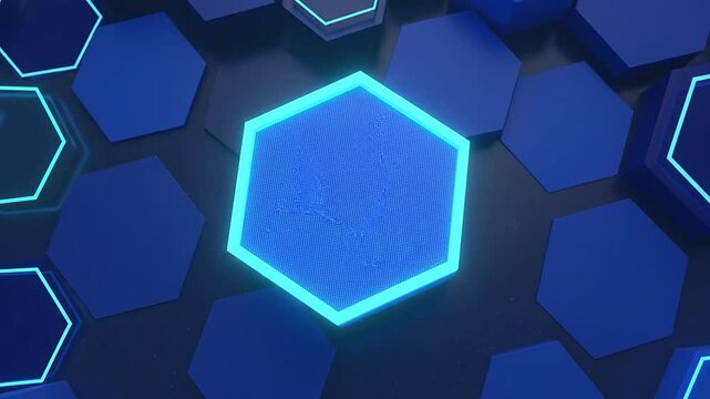 A digital background featuring glowing blue hexagonal shapes in a geometric pattern