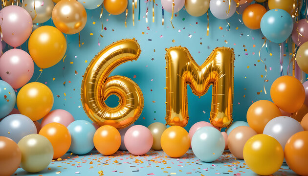 Gold number 6M balloons with colorful balloons and confetti Keywords: 6 million, celebration
