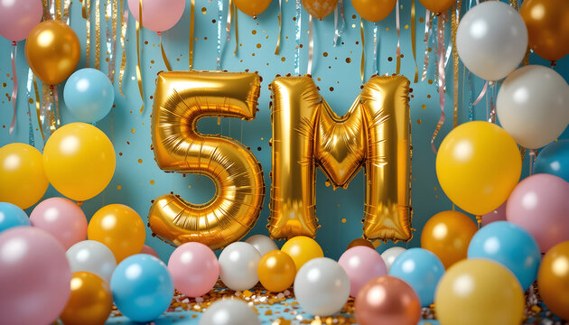Golden 5M balloons with colorful confetti and streamers celebration five million