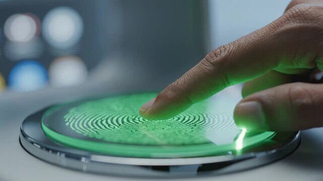 Finger touches a glowing biometric scanner to verify personal identity through advanced digital security.