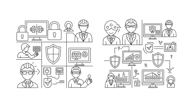 Business people analyze cybersecurity threats and protect online data with shields and checks