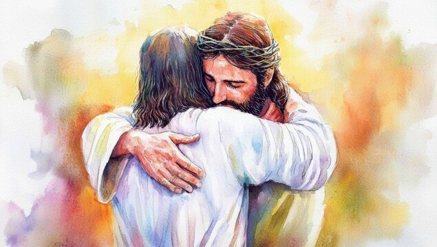 A beautiful watercolor art piece capturing the love of Jesus in an embrace with a man.