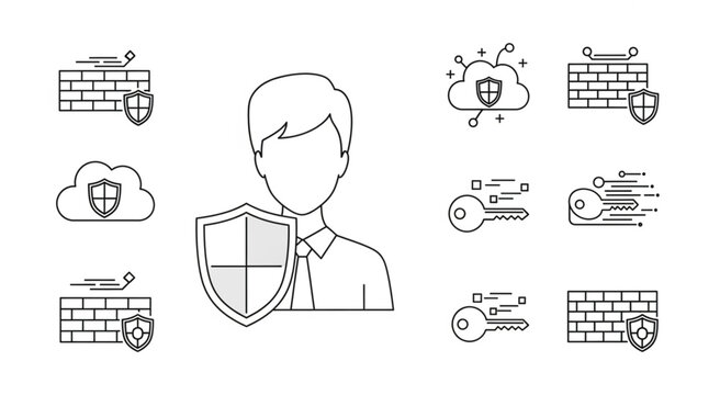 A man holds a shield in front of him with various security icons around.