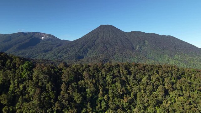 High-resolution drone video with forward motion highlights the vast green mountain and forest landscape under a clear blue sky. Mount Gede Pangrango National Park, West Java.