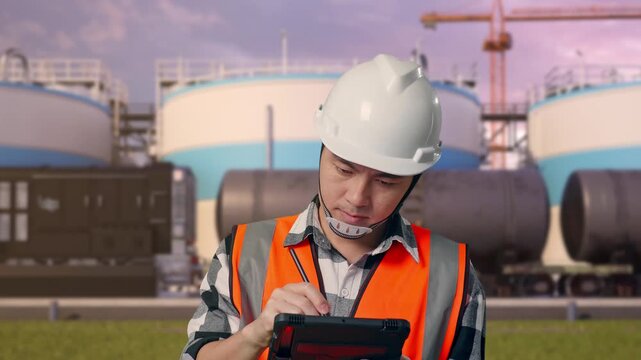 Close Up Of Asian Male Engineer With Safety Helmet Taking Note On The Tablet And Looking Around While Standing at Oil Refinery with Large Fuel Tanks and Cargo Train