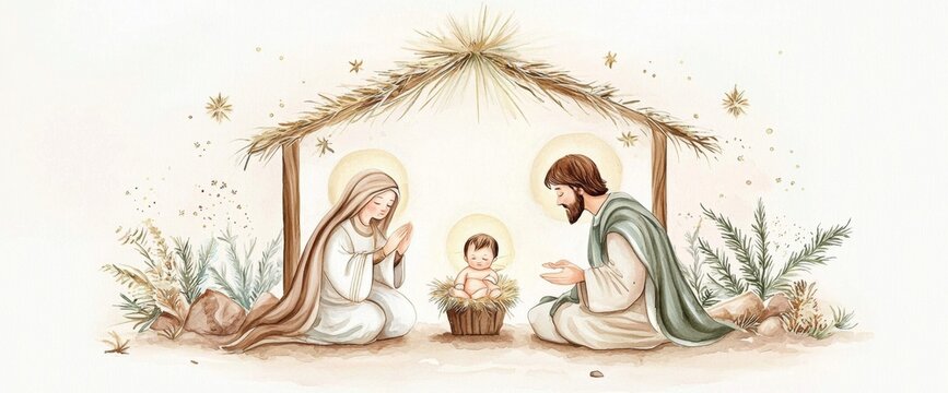 A heartfelt watercolor scene illustrating the holy family in the historic setting of Bethlehem.