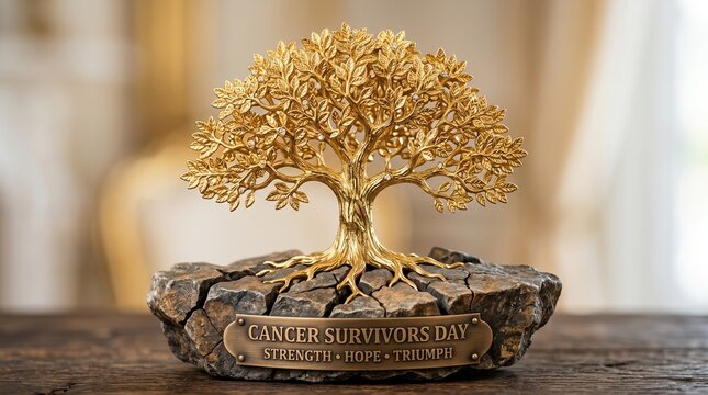 Golden Tree of Life Sculpture with 'Cancer Survivors Day' Plaque on Stone Base