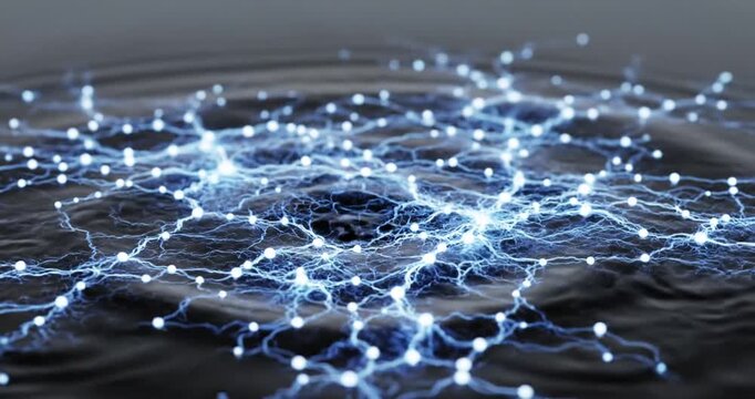Raindrops creating ripples on dark water surface with a serene atmosphere in the background
