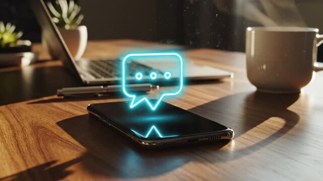 Smartphone displays a glowing neon chat bubble icon to symbolize digital communication and connectivity in a modern office environment.