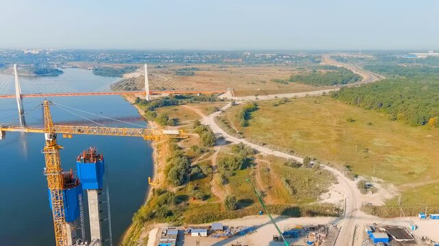 Murom, Russia. Construction of a bridge across the Oka River. Highway M-12 Moscow-Nizhny-Novgorod-Kazan. Drone footage